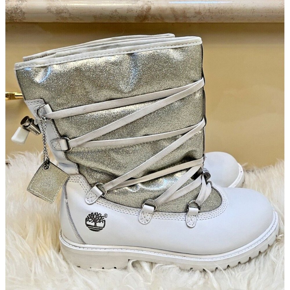 WHITE TIMBERLAND LEATHER WINTER BOOTS SILVER GLITTER SPARKLE SIZE 6.5